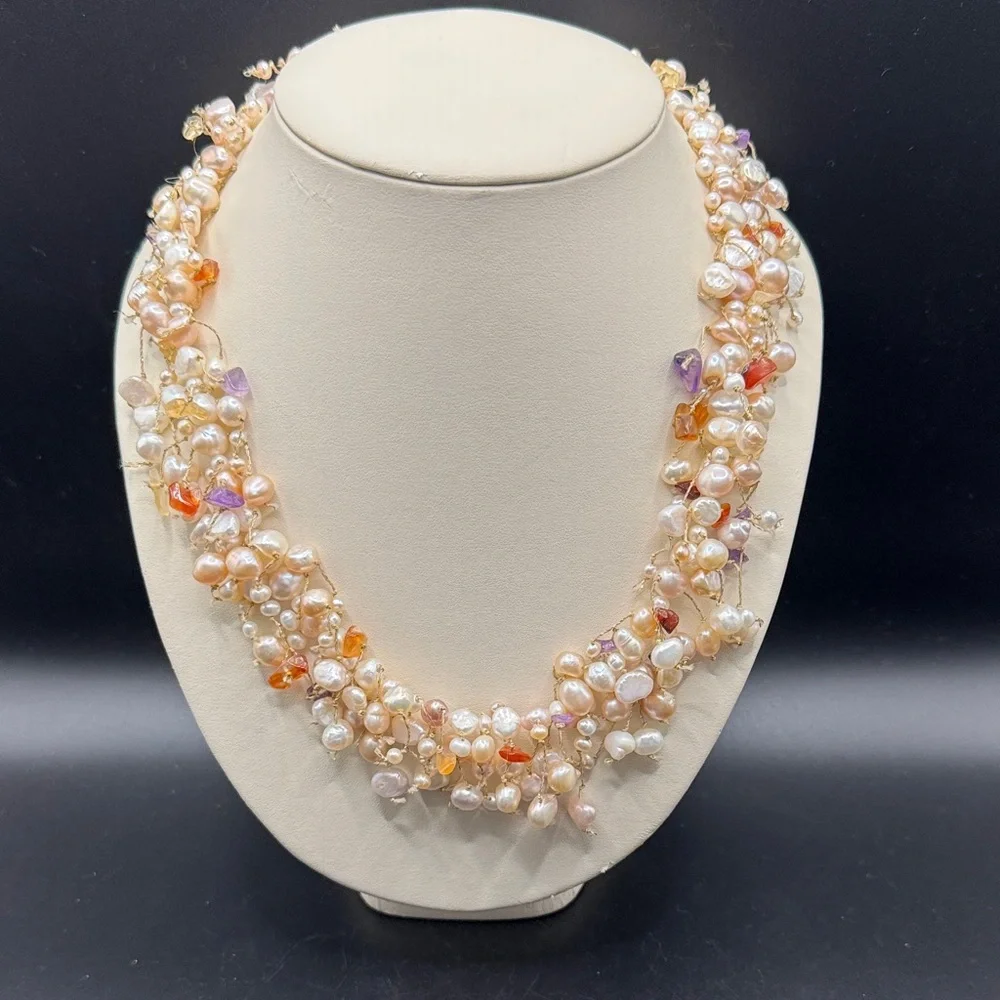 Vintage Light Pink Dangle Pearl Amethyst Quartz necklace 925 Sterling Layered